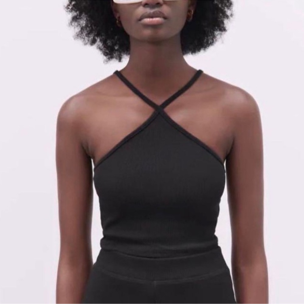 Zara Ribbed Criss Cross Crop Top in Black
